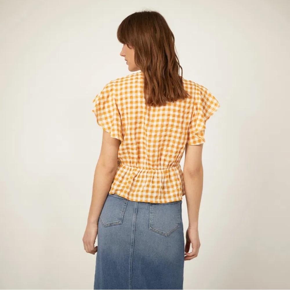 Warehouse Women’s Mustard Yellow Gingham Peplum Hem Top - Picture 3 of 14